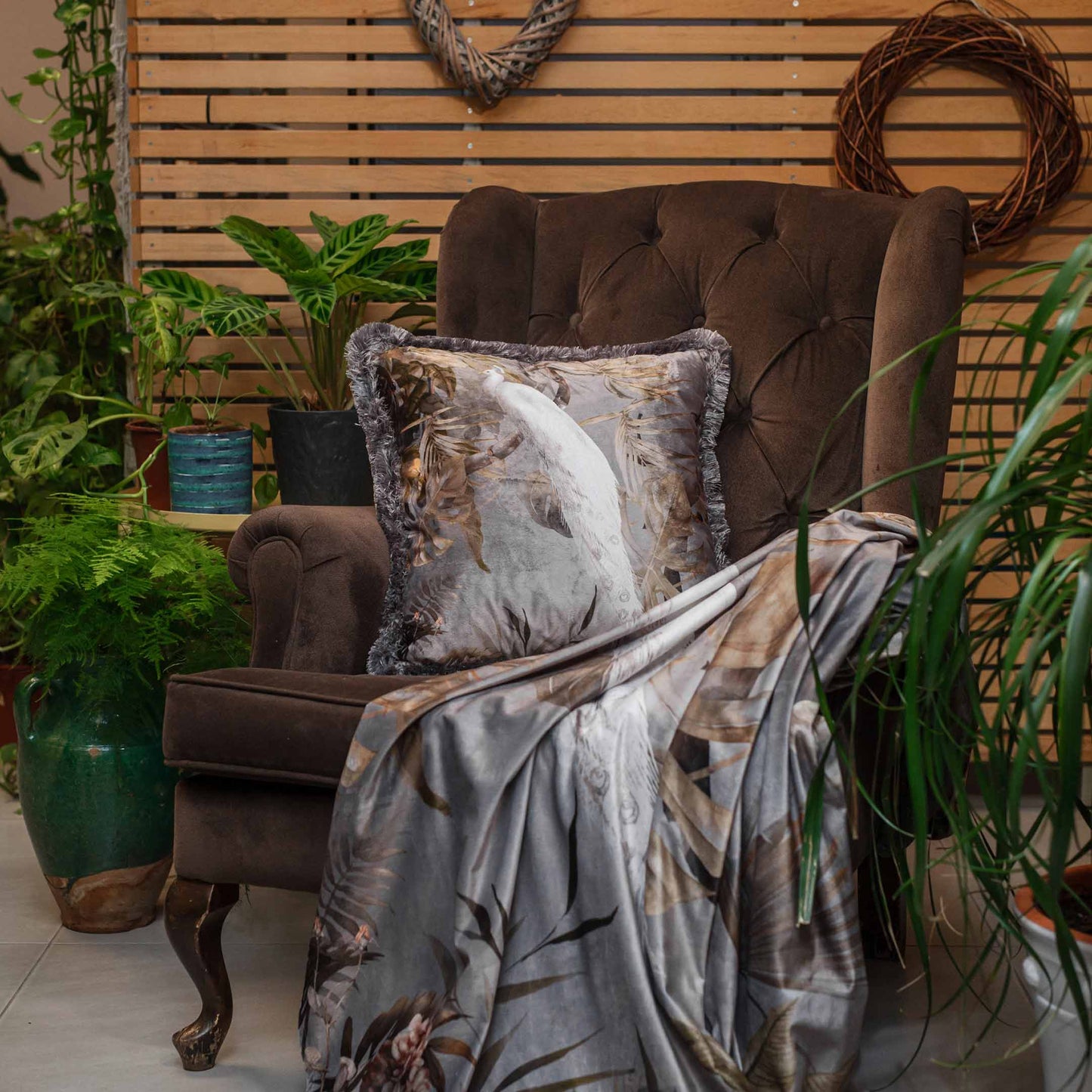 Decorative pillow white PEACOCK - with filling