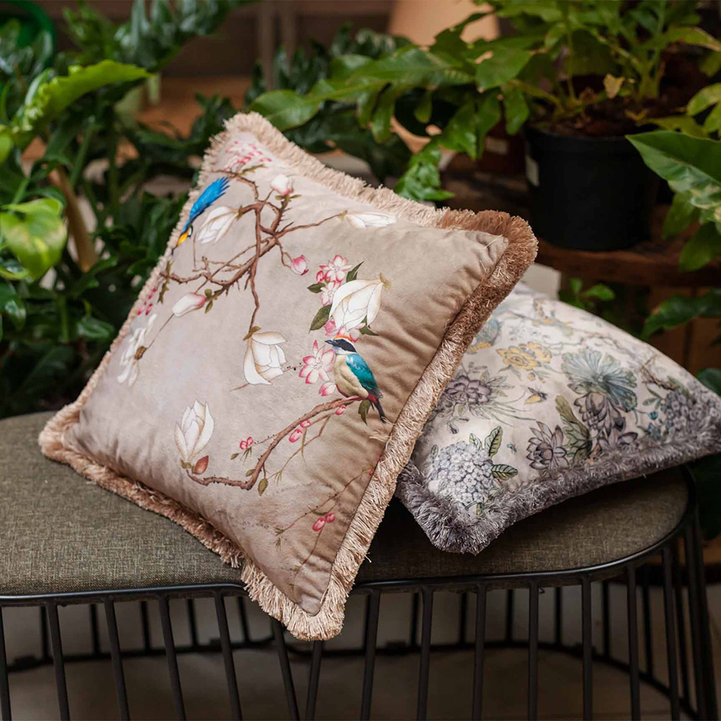 Decorative pillow blooming tree, birds