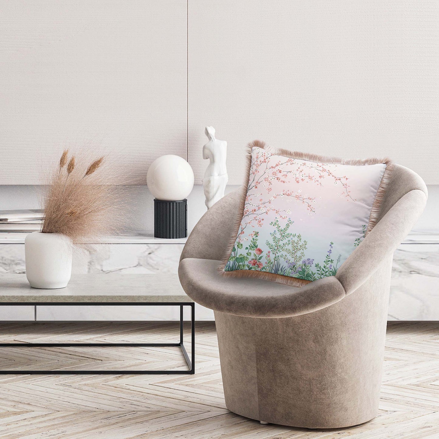 Decorative pillow with a plant motif