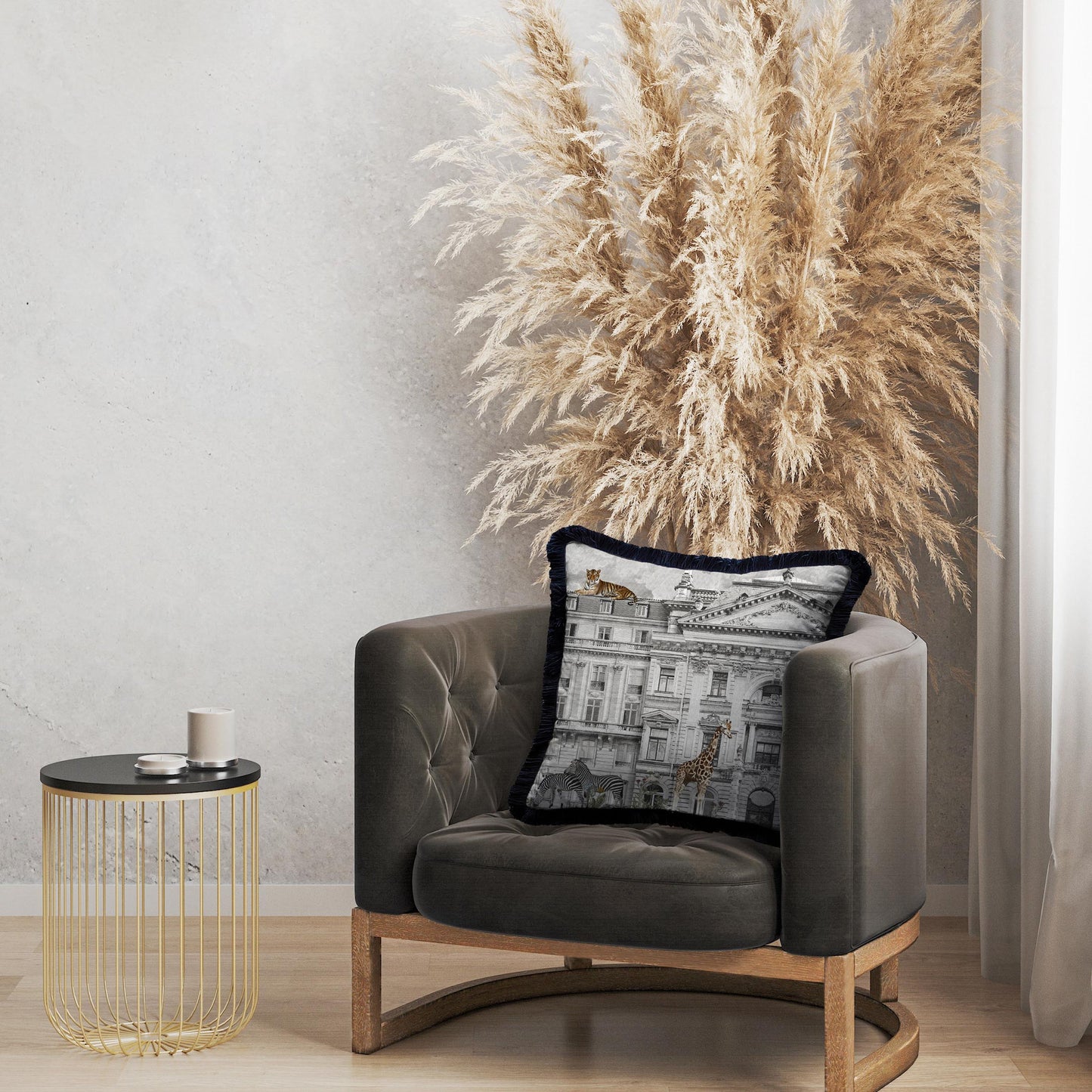 Decorative pillow, building, animals