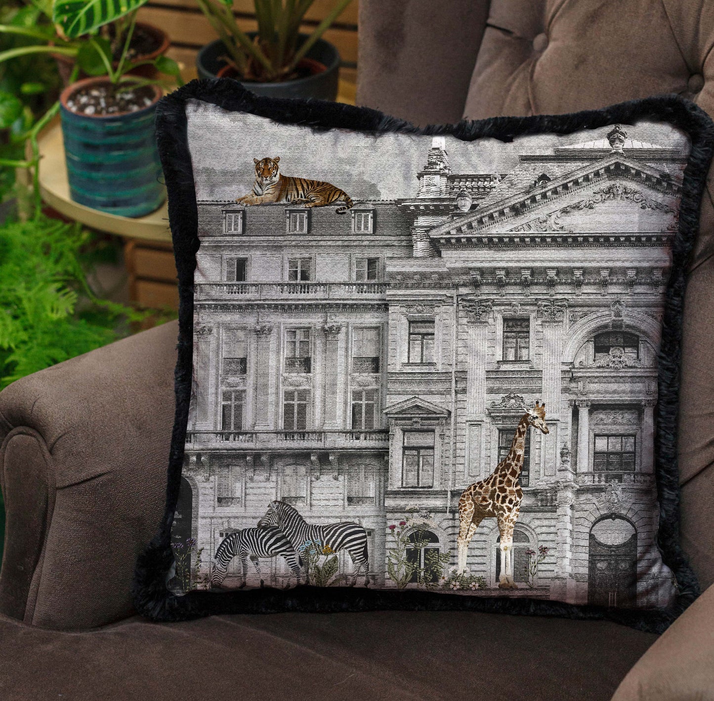 Decorative pillow, building, animals