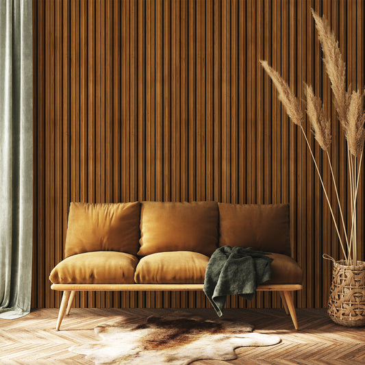 Brown grooved MDF wall panel, wood effect - APM201